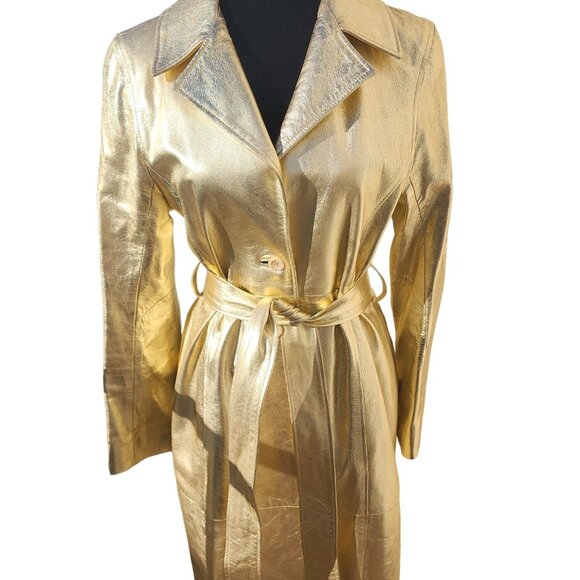 ⭐Luxury Designer Stylish Gold Real Genuine Leather Glamorous Jacket Coat Trench - Picture 9 of 16